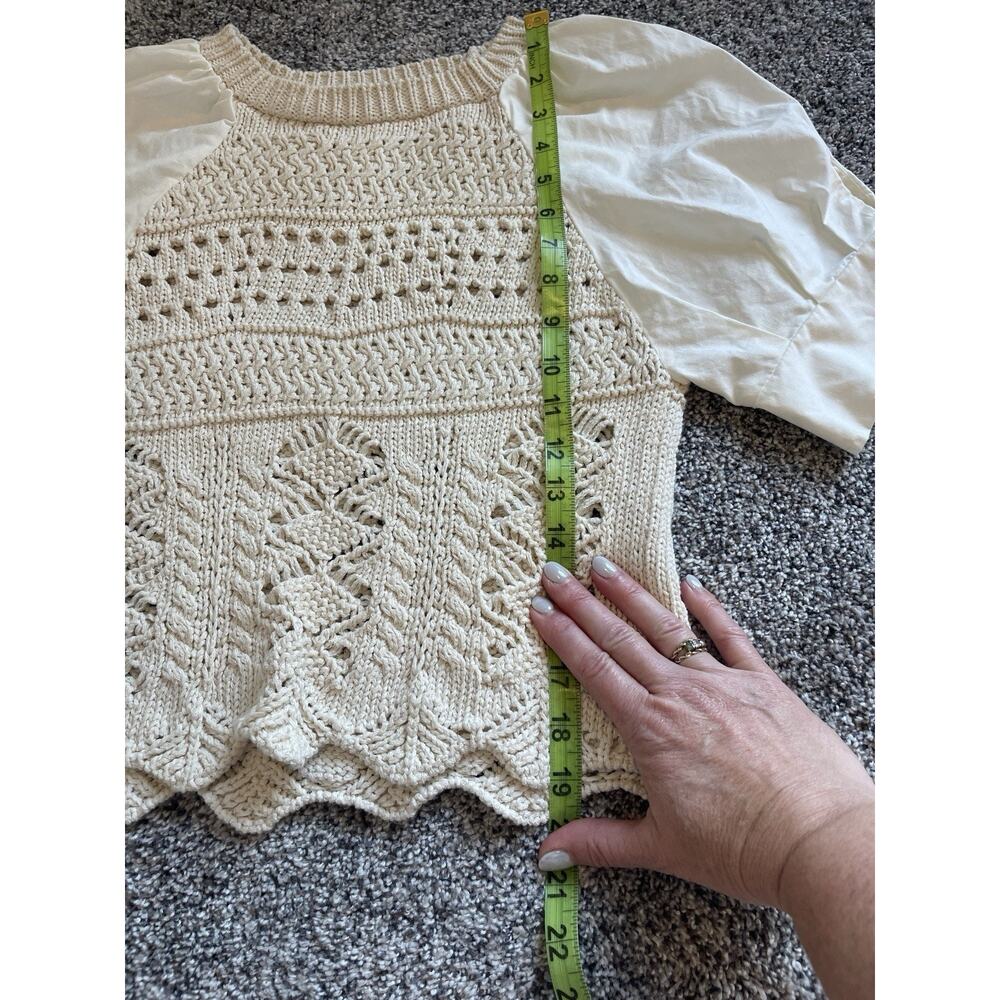 Zara Women’s Small Green Pointelle Knit Top Contrasting Puff Sleeves - Picture 6 of 7